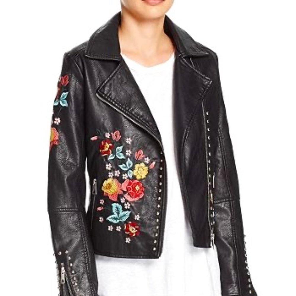 Holly Bracken black Moto faux leather floral coat - Medium